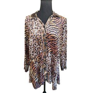NWT Ali Miles Animal Print Button Tunic Shirt Top Brown Patchwork Glam Office M